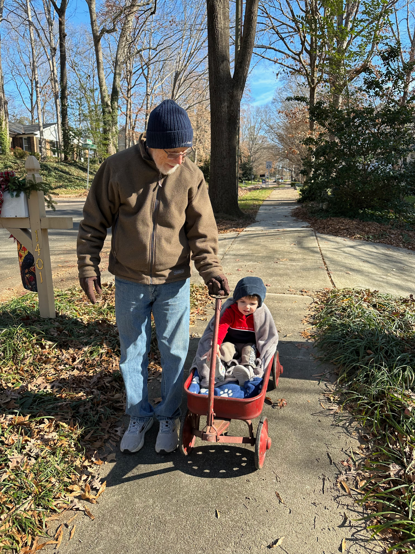Christmas 2024 with Pete's childhood wagon and Harrison