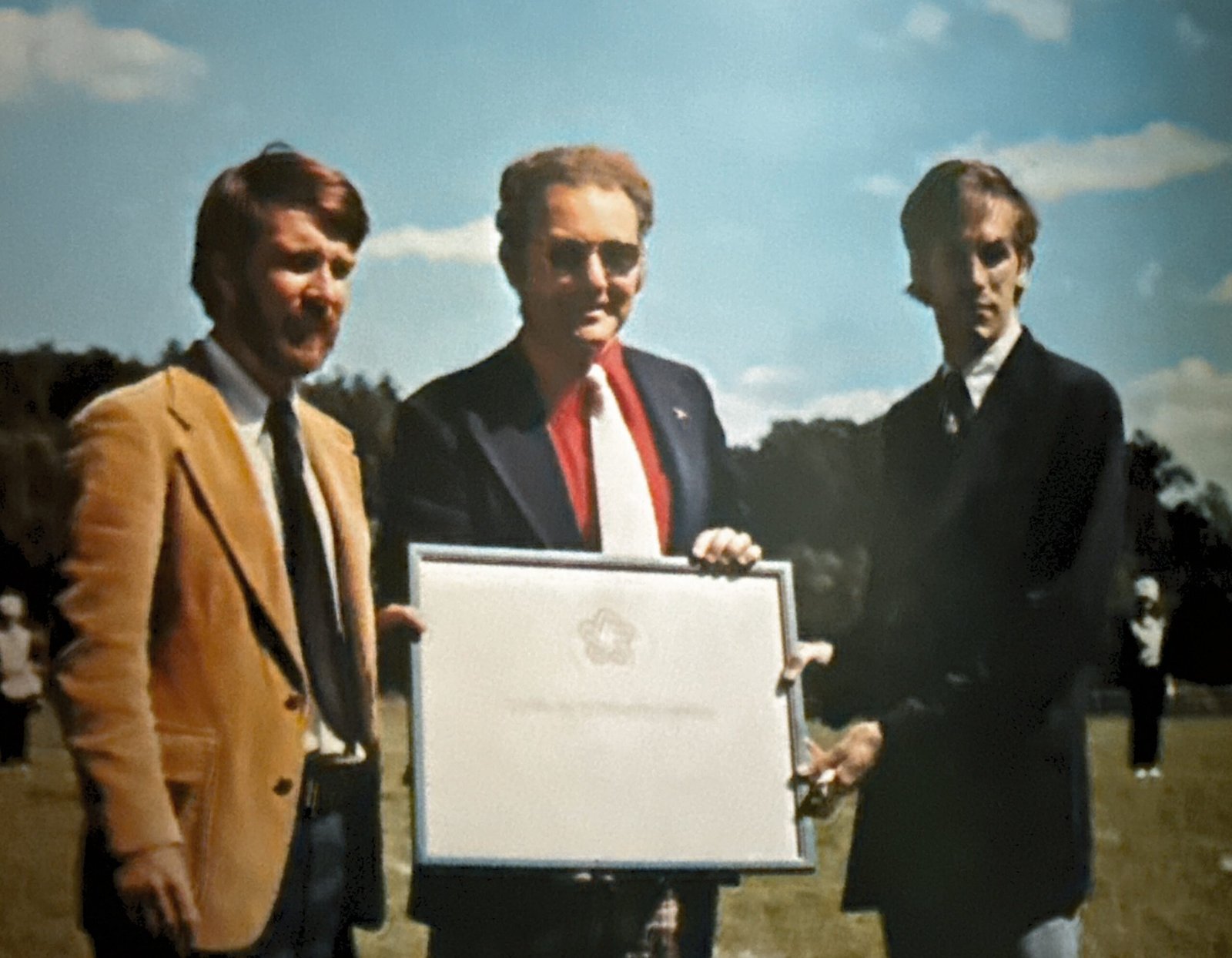 Dr. Peter Crow with President Hart and House of VA Representative member Virgil Goode during Ferrum College's Bicentennial Ceremony, 1975